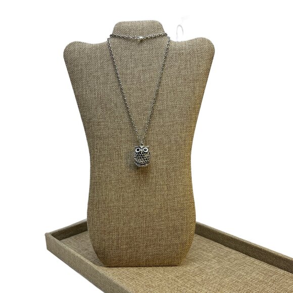 Puffy 3D Owl Pendant with Black Rhinestone Eyes Antique Silver Tone - Picture 2 of 8